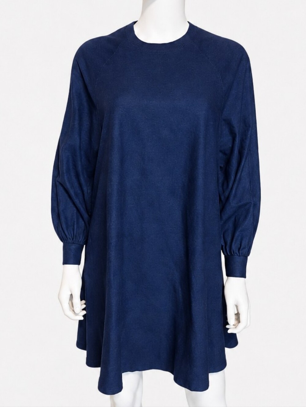 CO | Navy Blue Linen Blend Swing Dress Balloon Sleeve Mini XS